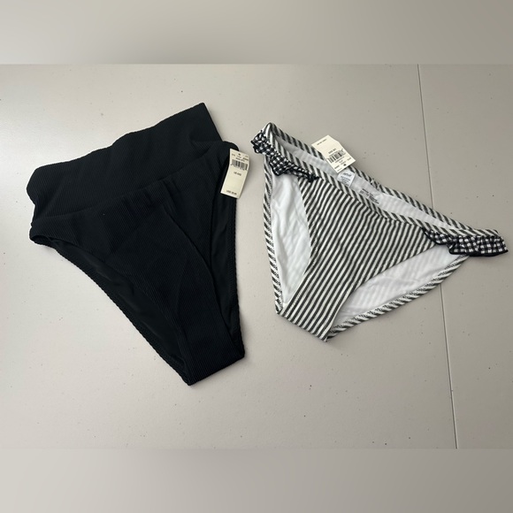 Aerie Swim Bottom Bundle High Cut Cheeky Black Rib Black White Stripe Bikini XXS - Picture 1 of 10